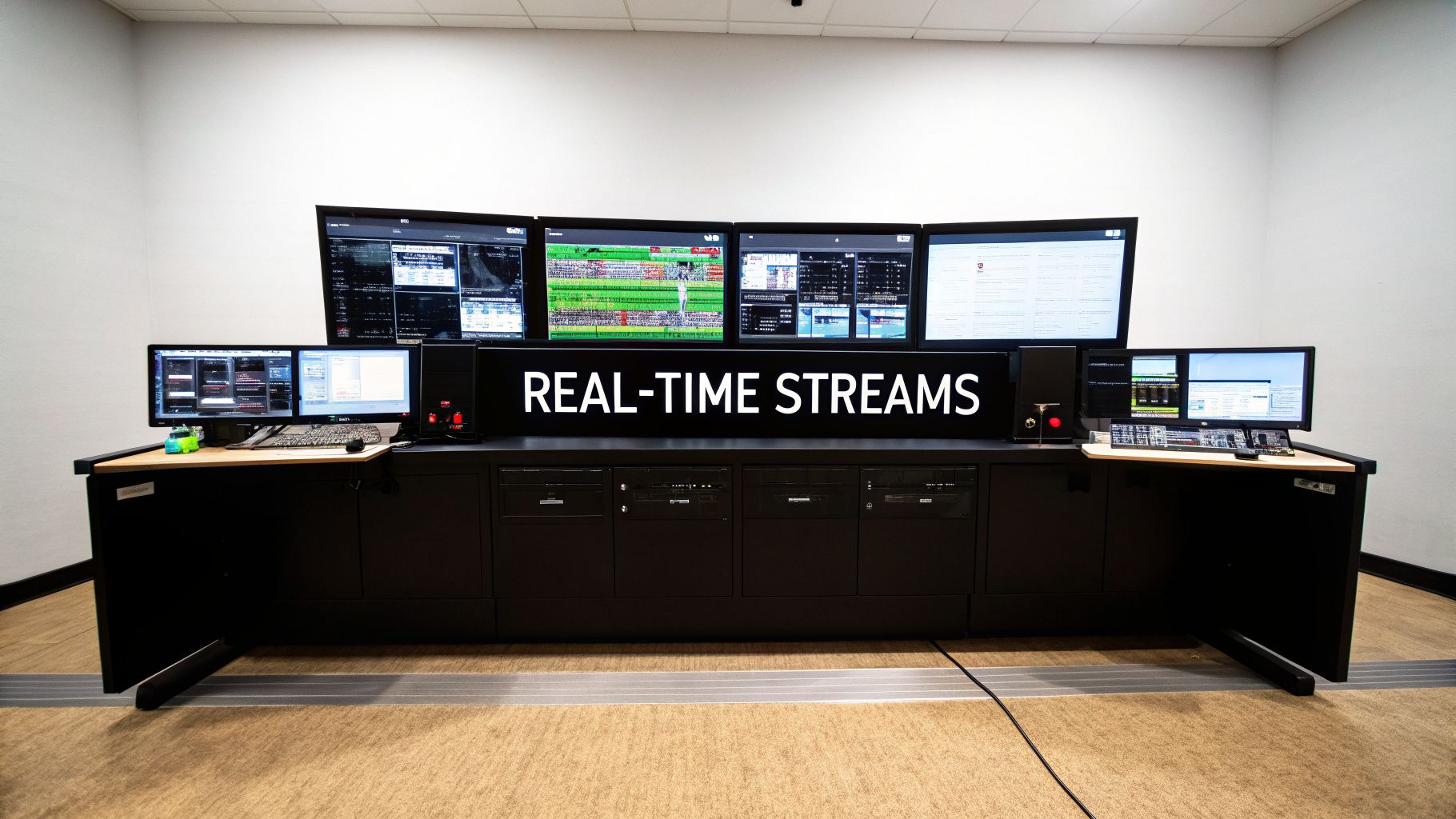 A data monitoring station with numerous screens displaying real-time information and a 'REAL-TIME STREAMS' sign.