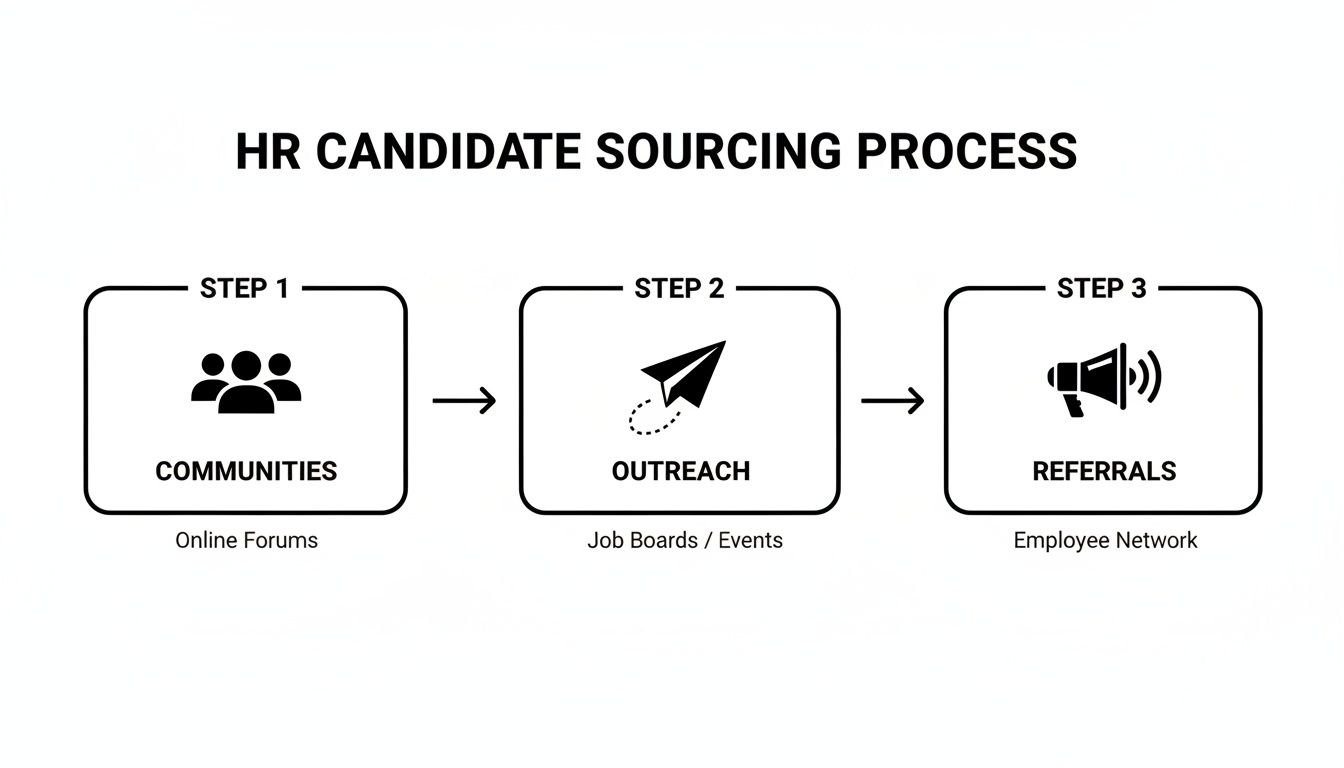 A diagram illustrating the three-step HR candidate sourcing process: communities, outreach, and referrals.