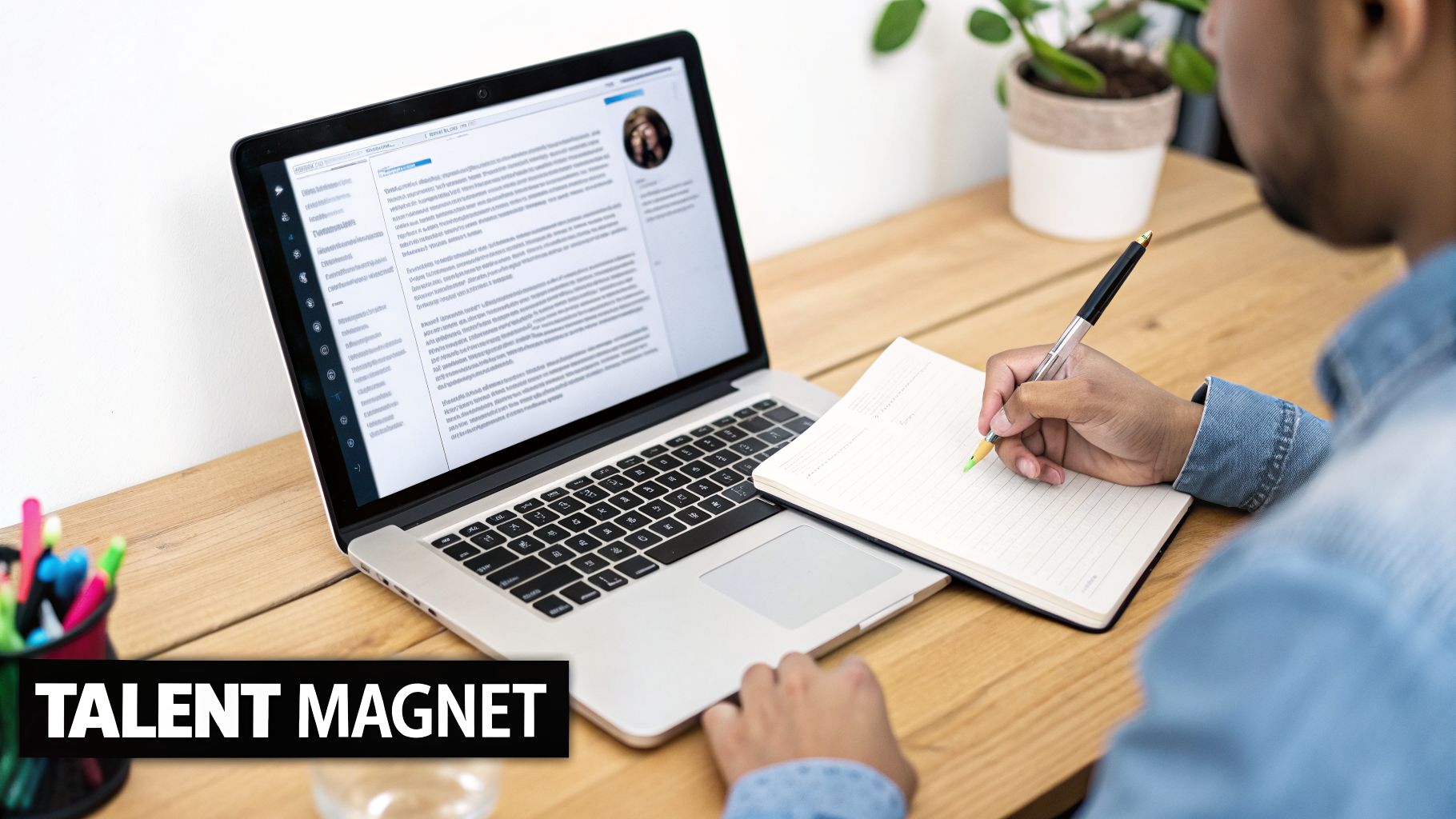 Over-the-shoulder view of a person writing notes while reviewing a profile on a laptop.