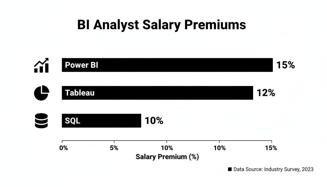 Bar chart illustrating BI Analyst salary premiums for Power BI (15%), Tableau (12%), and SQL (10%).