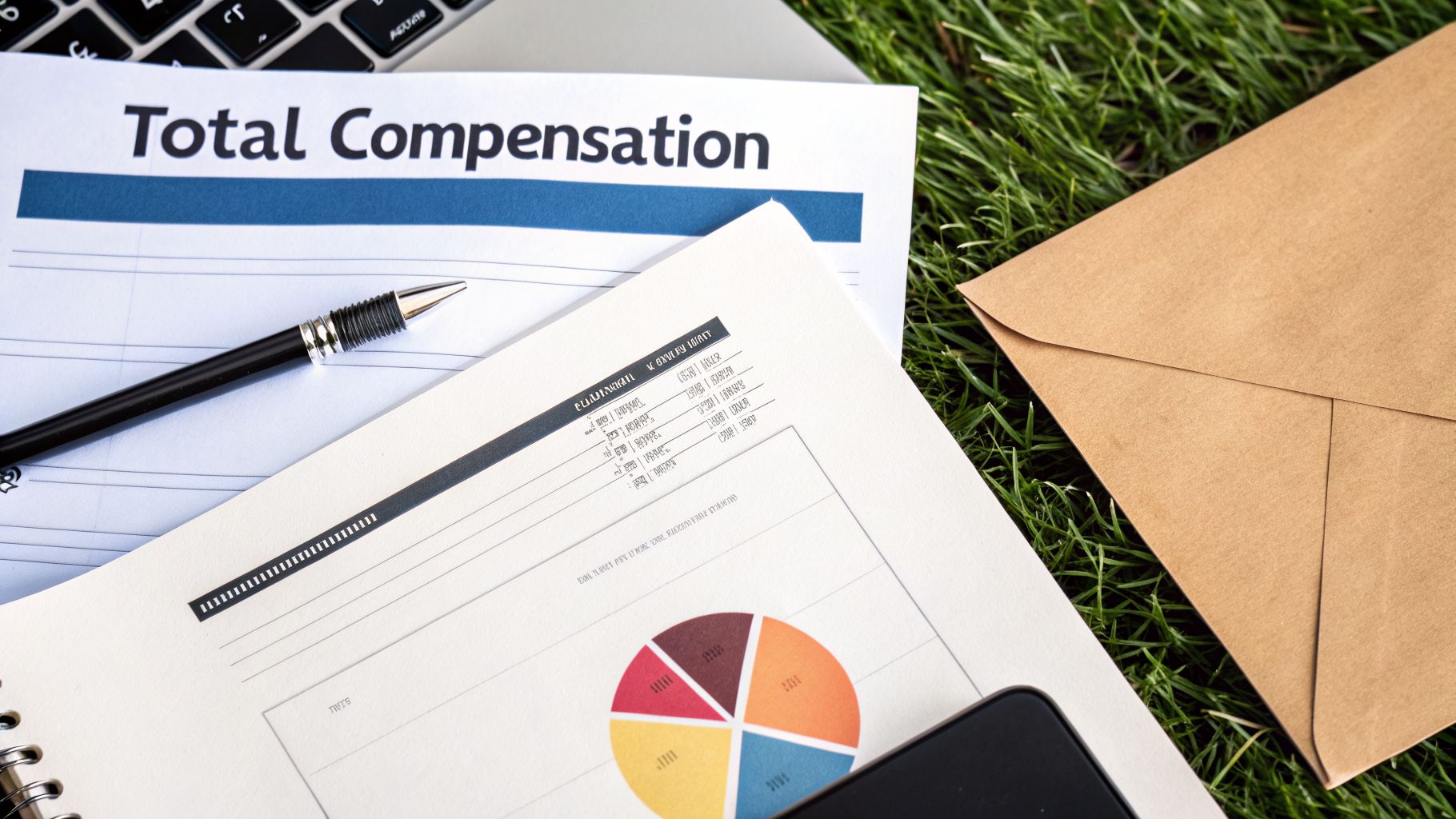 A document titled 'Total Compensation' with a pen, financial reports, and a pie chart on grass, alongside a brown envelope.