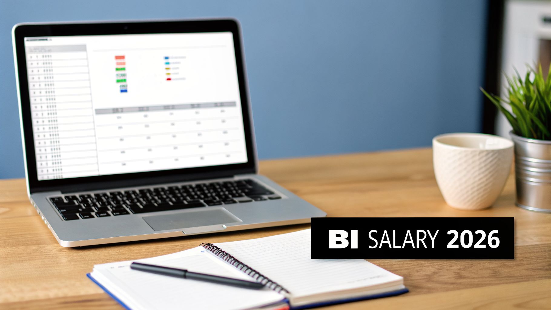 A laptop shows 'BI Salary 2026' on a wooden desk with a notebook, pen, coffee, and plant.