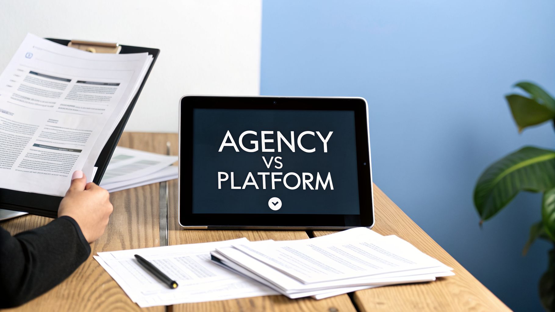 A person reviews documents next to a tablet displaying 'AGENCY VS PLATFORM' on a wooden desk.