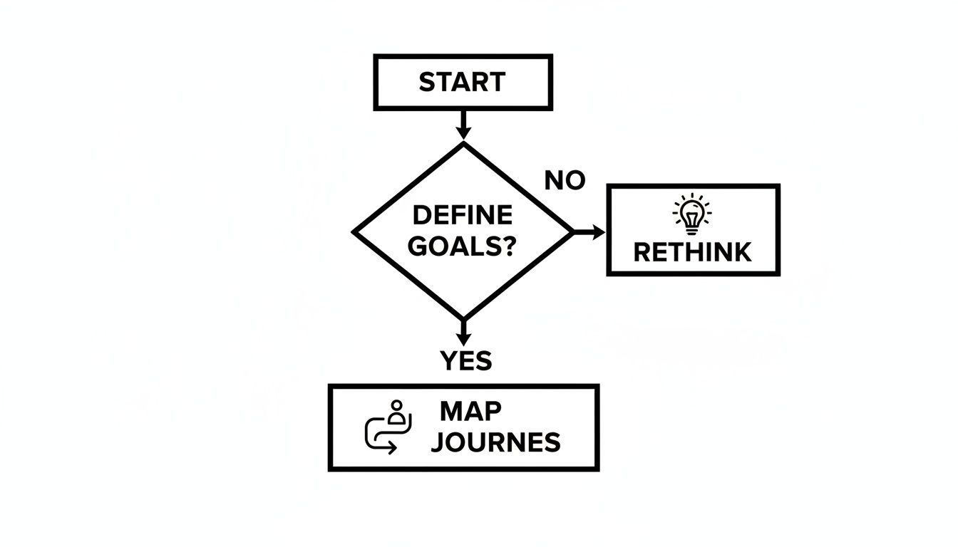 A simple flowchart illustrating the process of defining goals and mapping journeys, starting with 'START'.