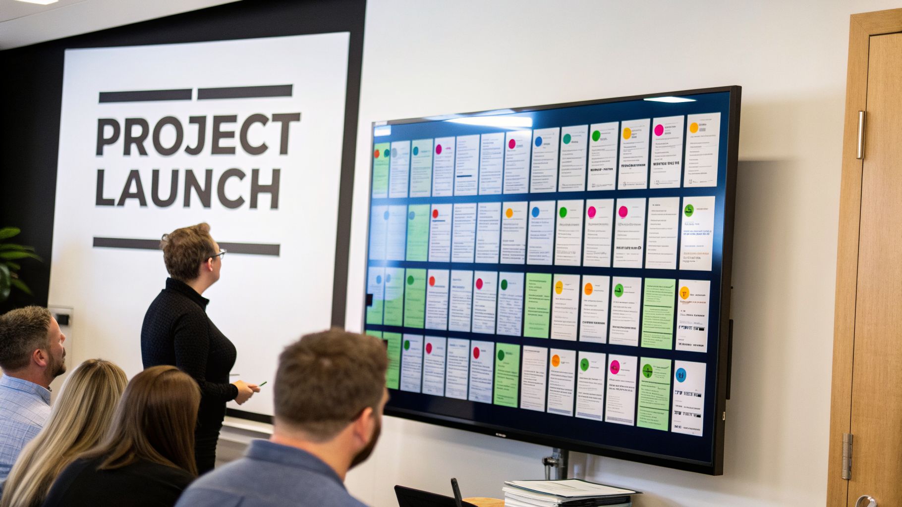 A woman leads a meeting, pointing at a large digital project board during "Project Launch".