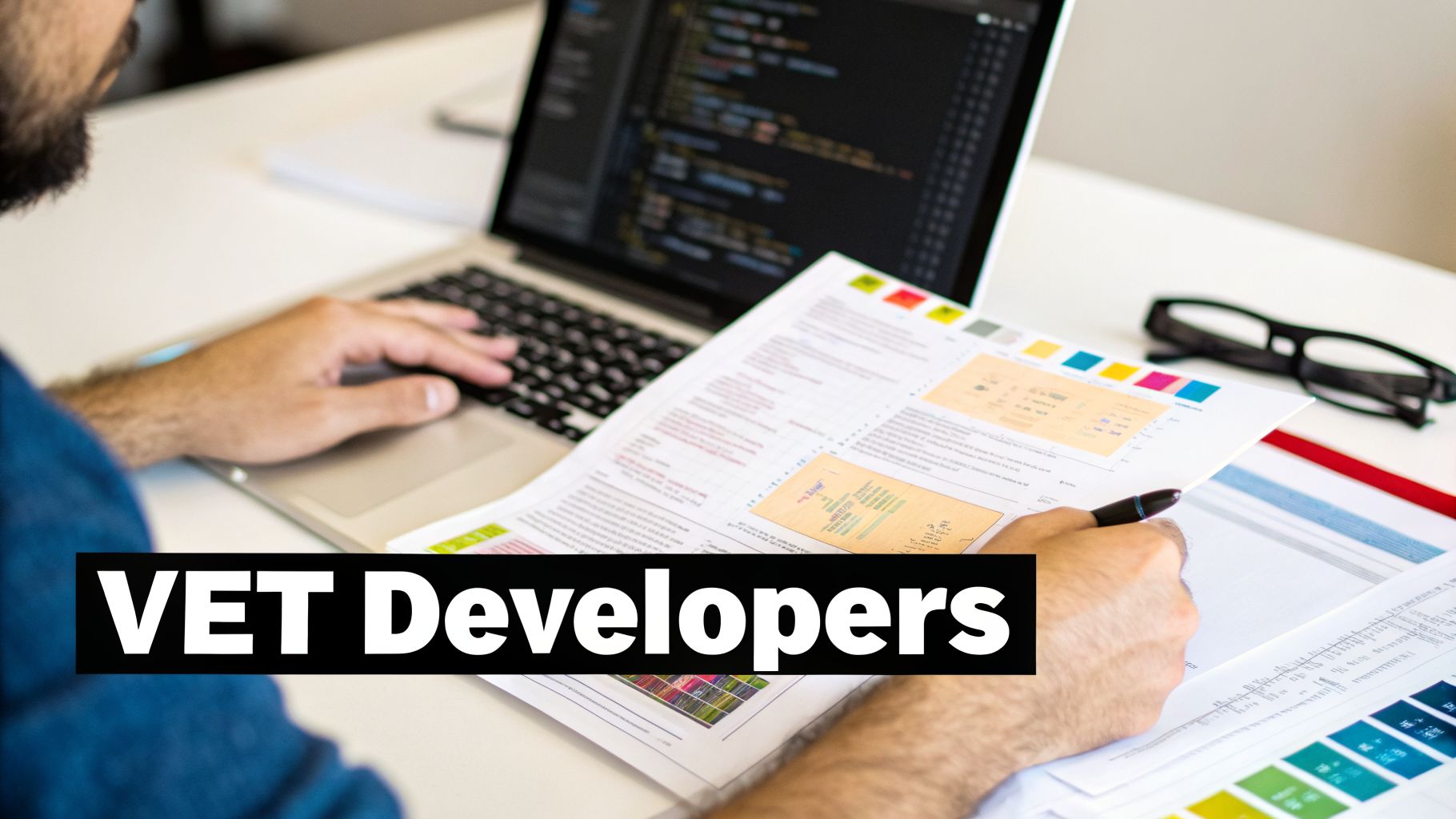 A person is coding on a laptop while reviewing documents with charts and color swatches.