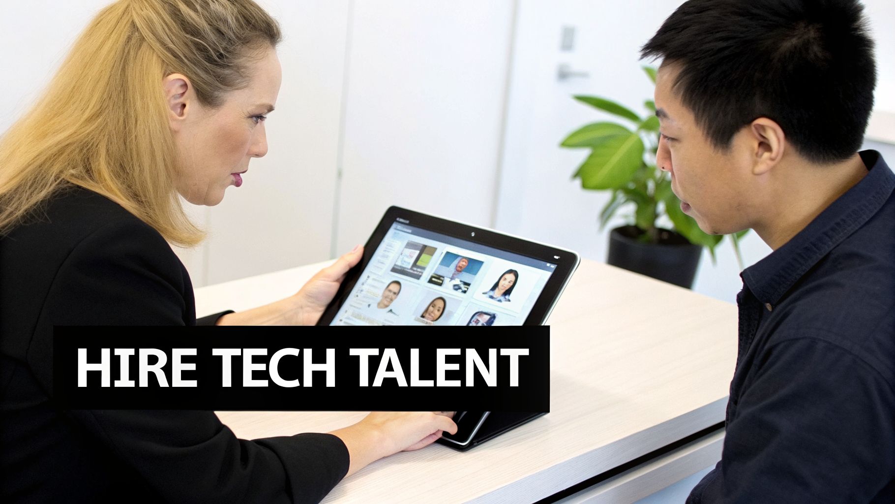 A woman and a man look at a tablet displaying multiple candidate profiles for tech talent.