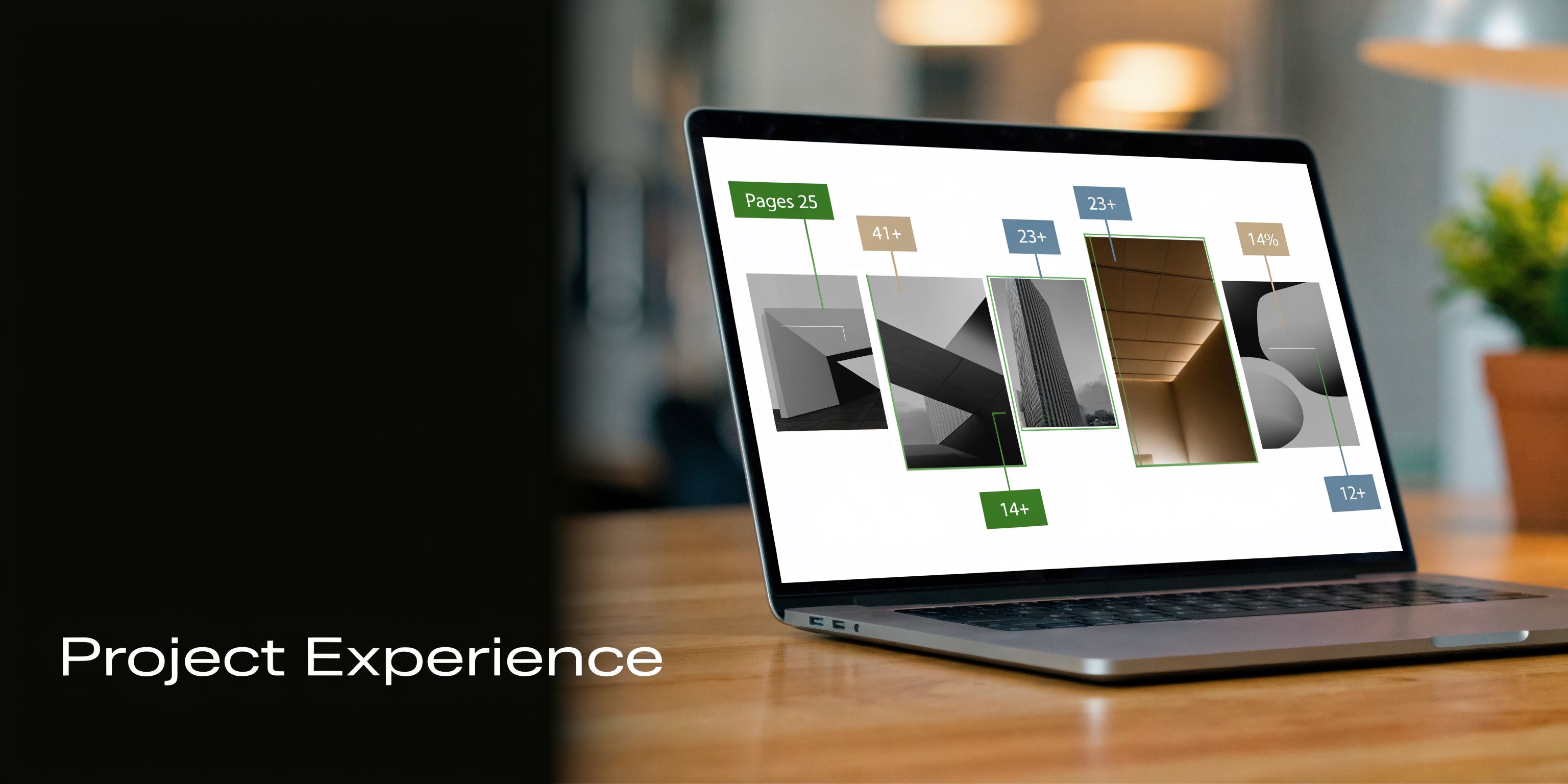 A modern laptop on a wooden desk displaying a digital portfolio titled Project Experience with architectural imagery.