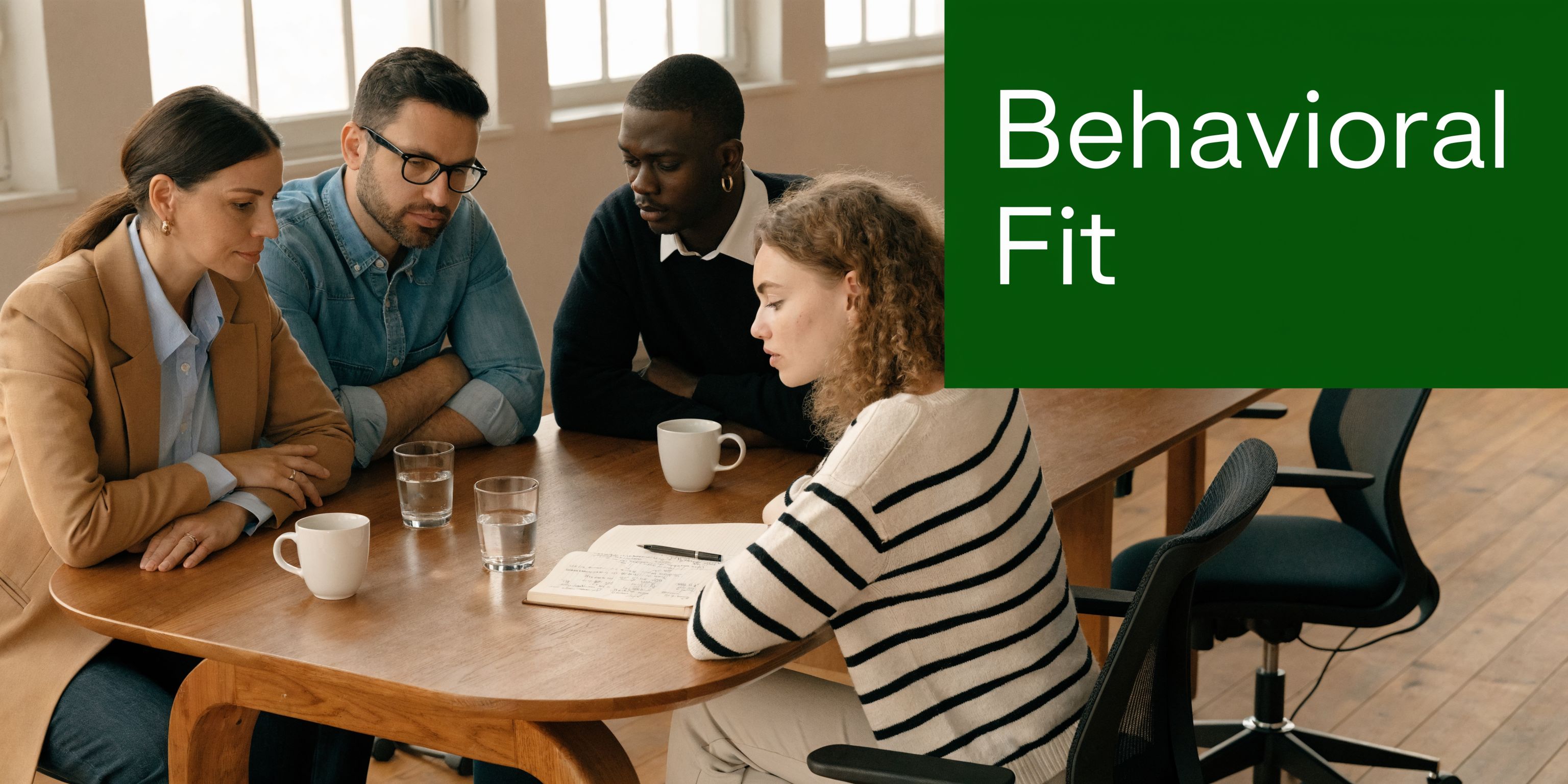 A diverse team of four professionals collaborate around a wooden conference table during a business meeting.