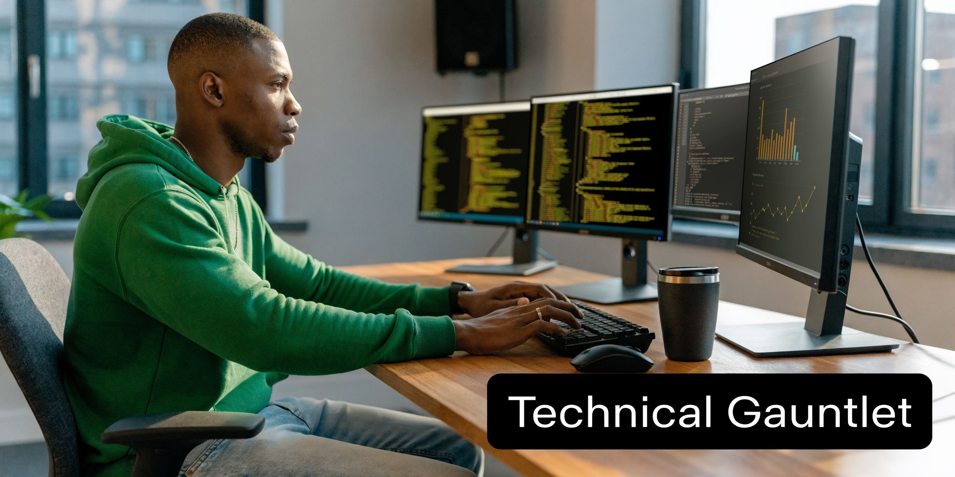 A focused software developer in a green hoodie typing on a keyboard at a multi-monitor computer workstation.