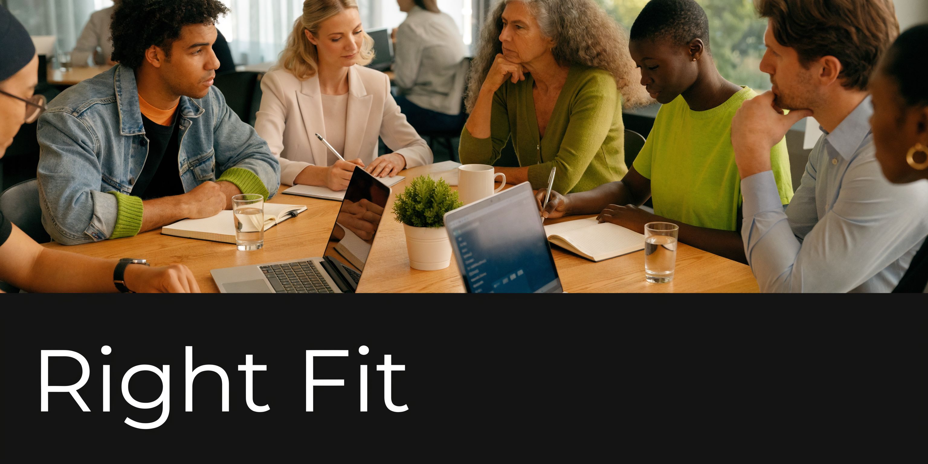 A diverse team of professionals collaboratively working around a wooden meeting table with laptops and notebooks.