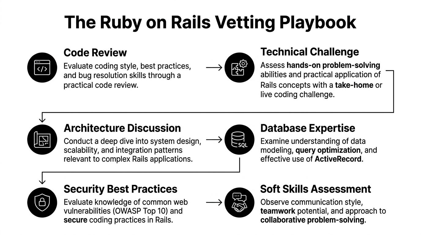 A visual guide illustrating a six-step process for vetting and interviewing Ruby on Rails developers.