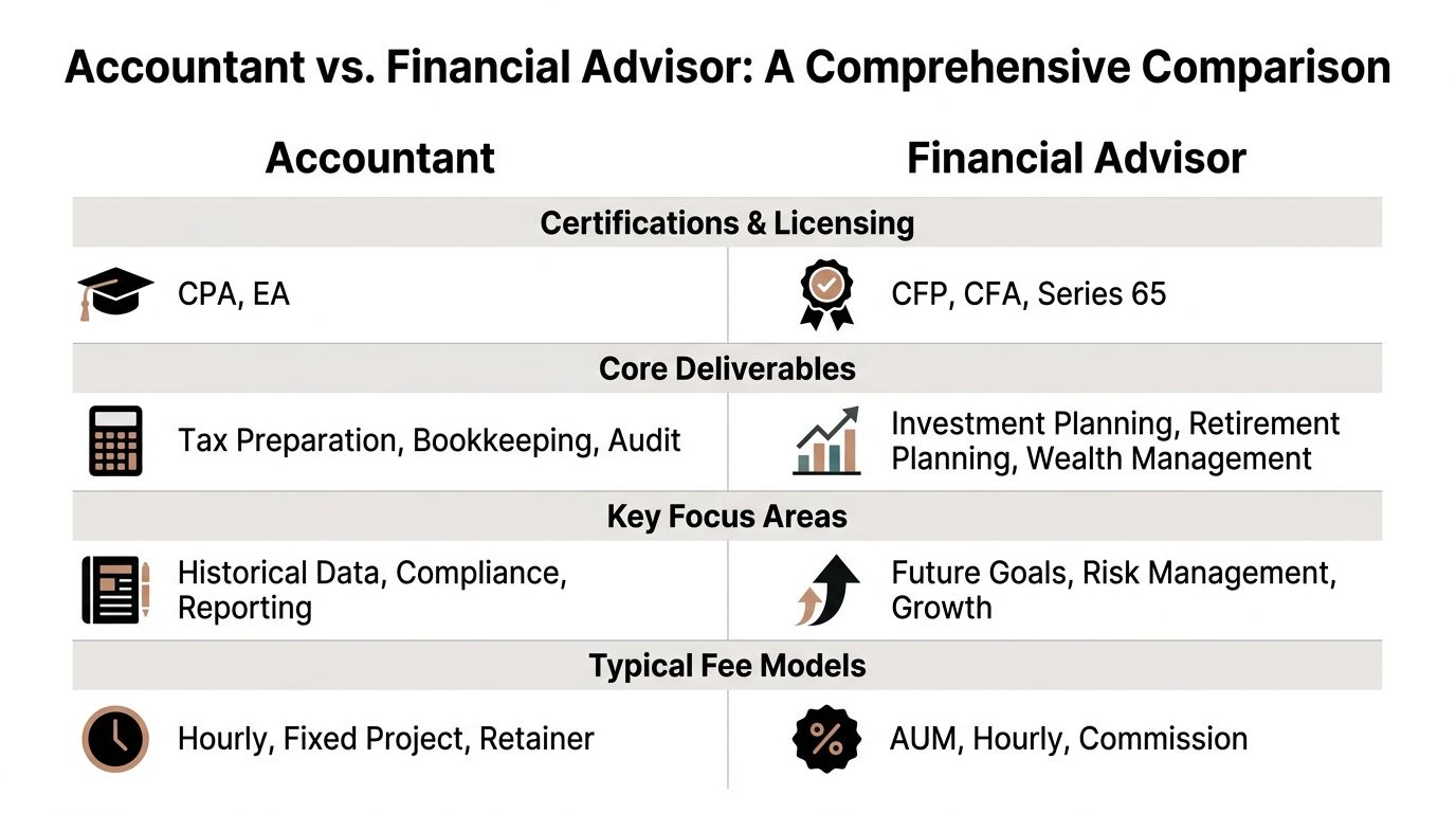 A comparison table contrasting the certifications, deliverables, focus areas, and fee models of accountants versus financial advisors.