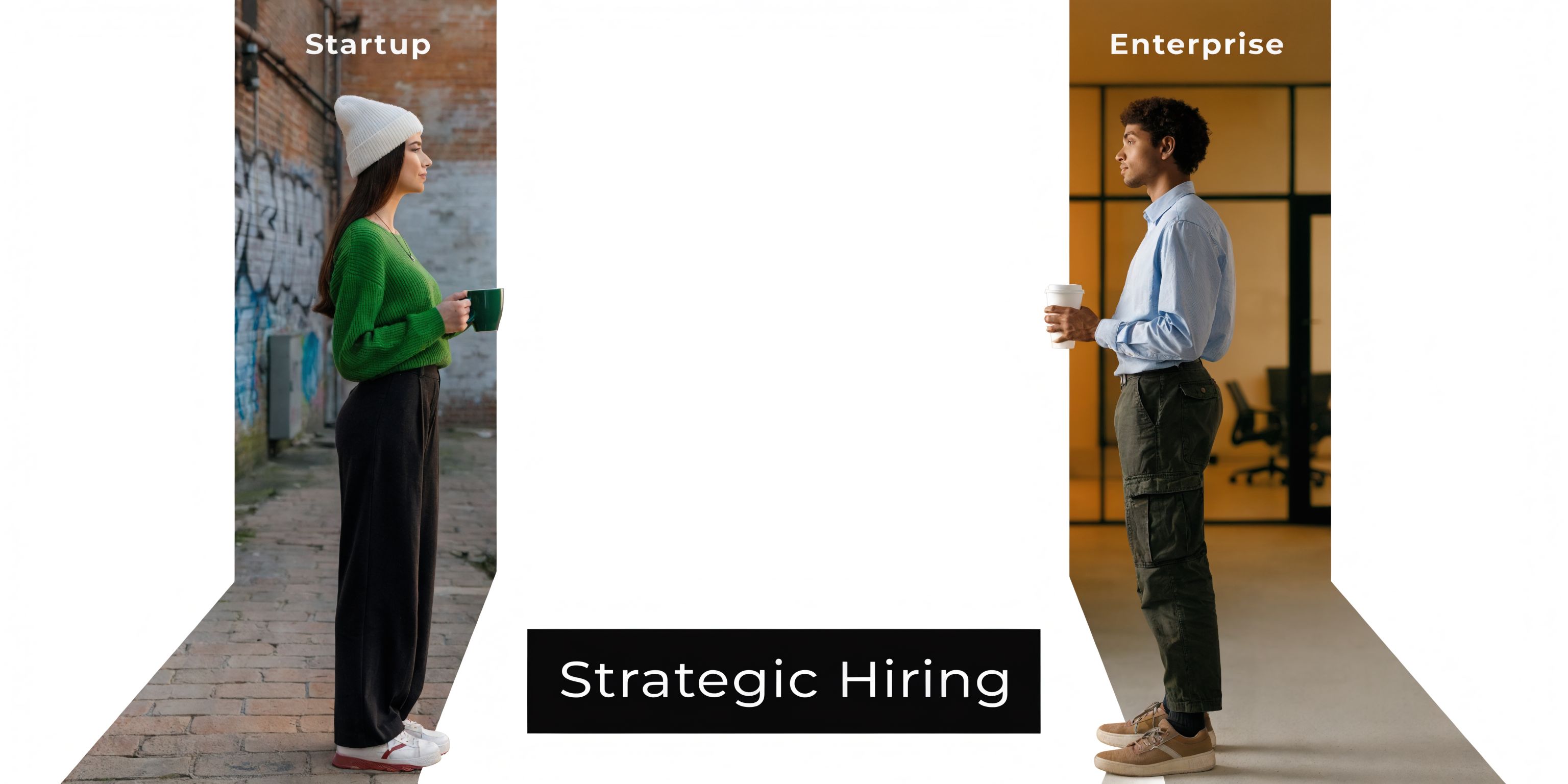 A split screen comparing a casual startup employee and a professional enterprise worker for strategic hiring concepts.