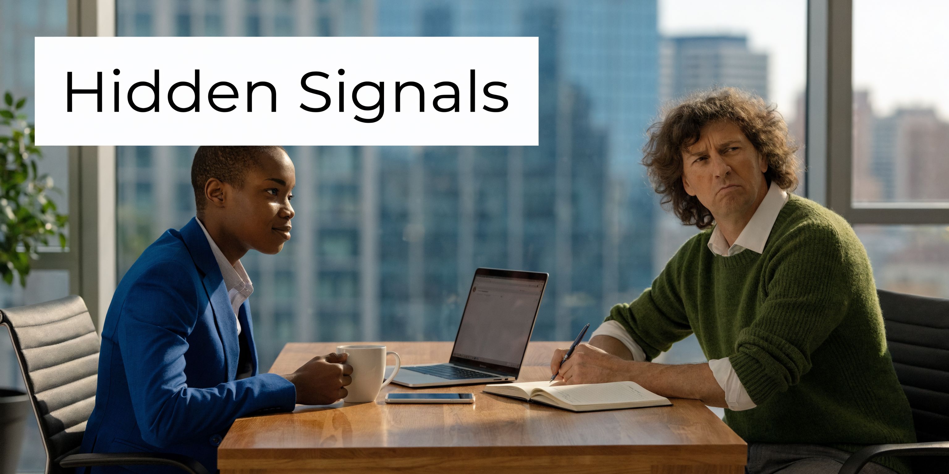 A professional job interview featuring a woman in a blue blazer and a man taking notes.