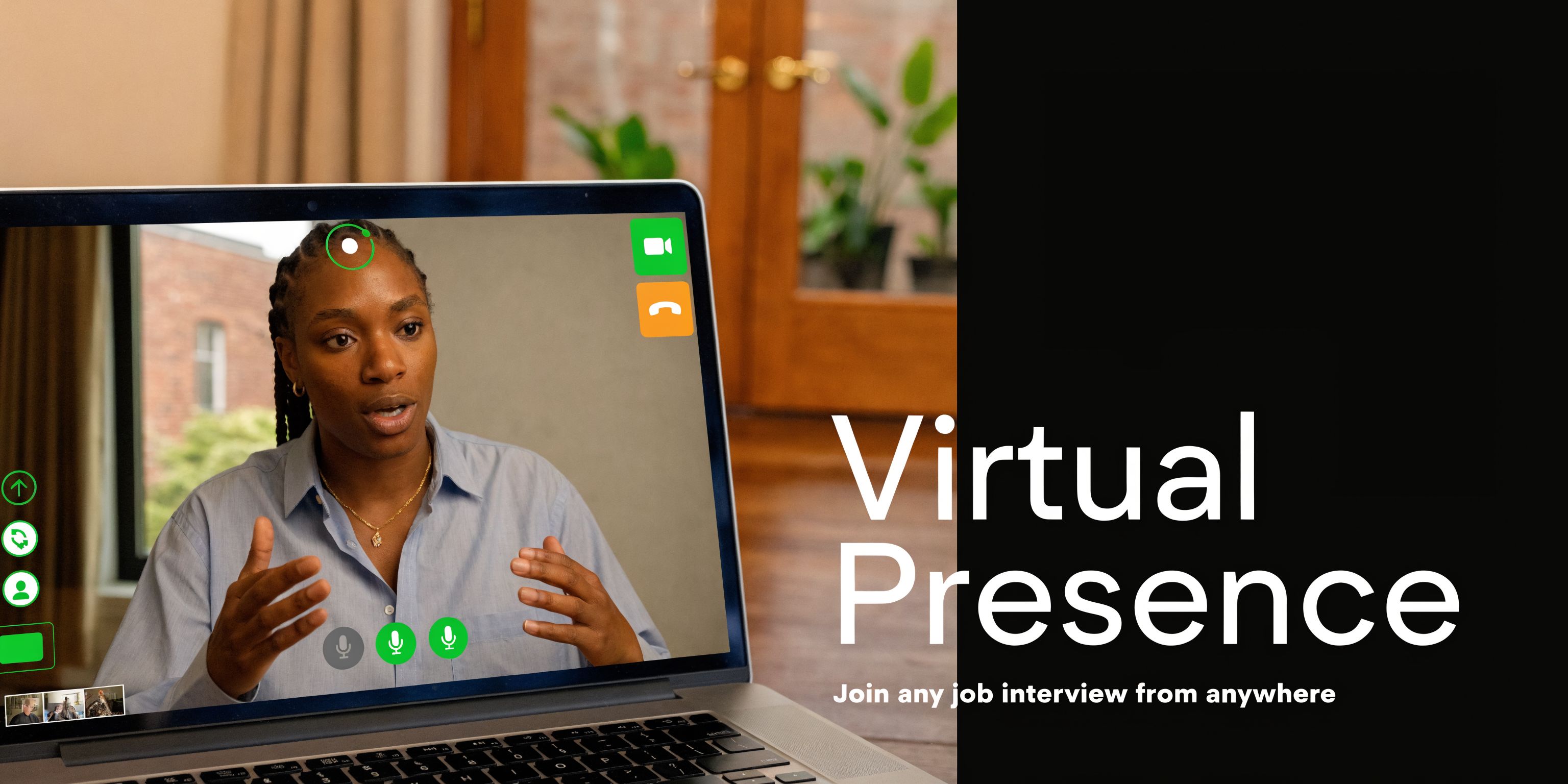 A laptop screen displaying a woman during a virtual job interview with video call interface elements.