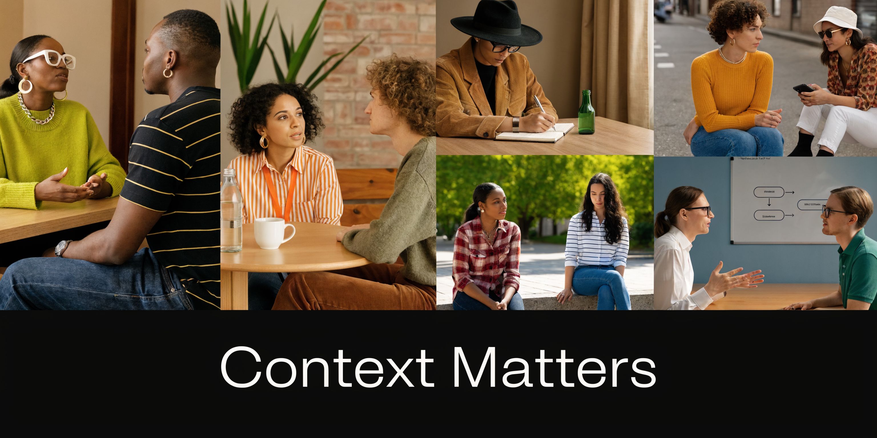 A collage showing diverse professionals engaged in various types of interpersonal communication and body language during interviews.