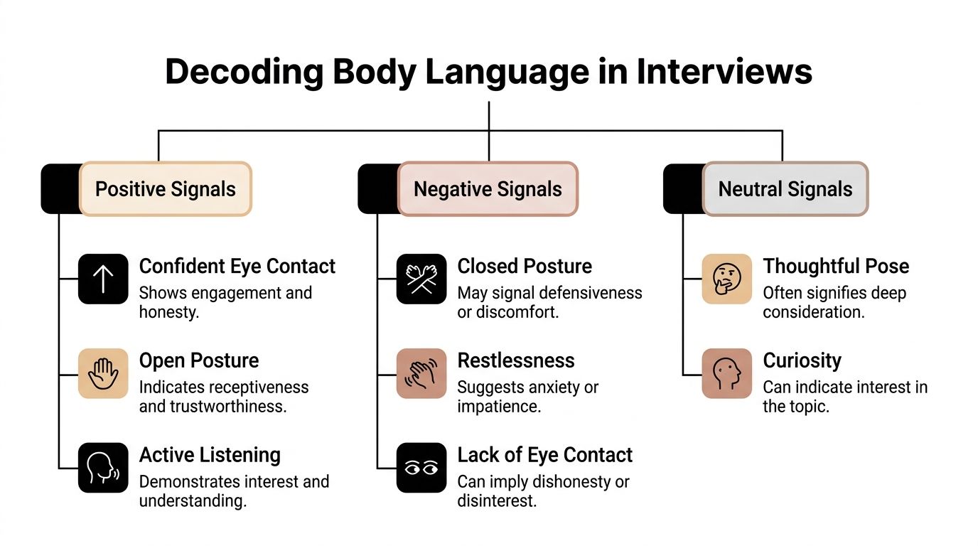 A chart categorizing interview body language into positive, negative, and neutral signals with brief explanations for each.