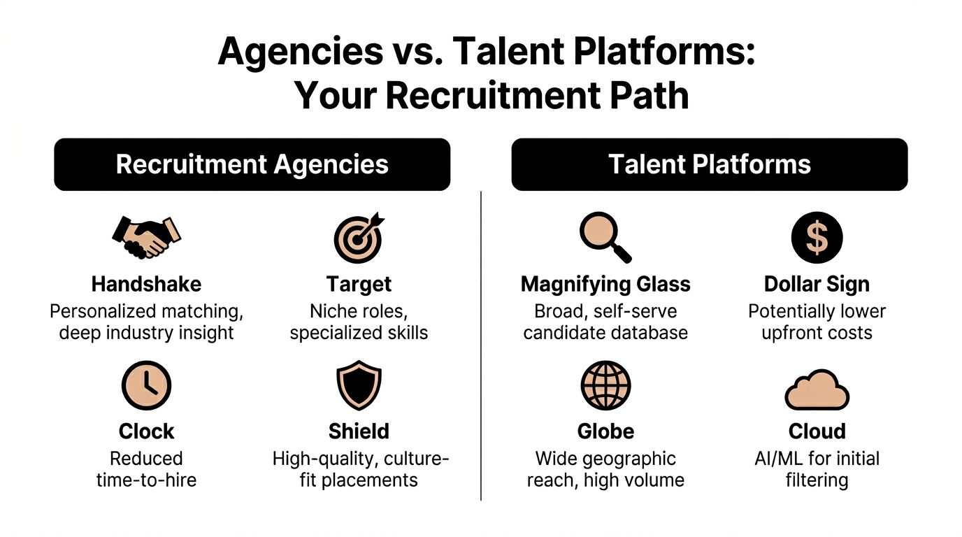 A comparison chart outlining the pros and cons of using recruitment agencies versus online talent platforms.