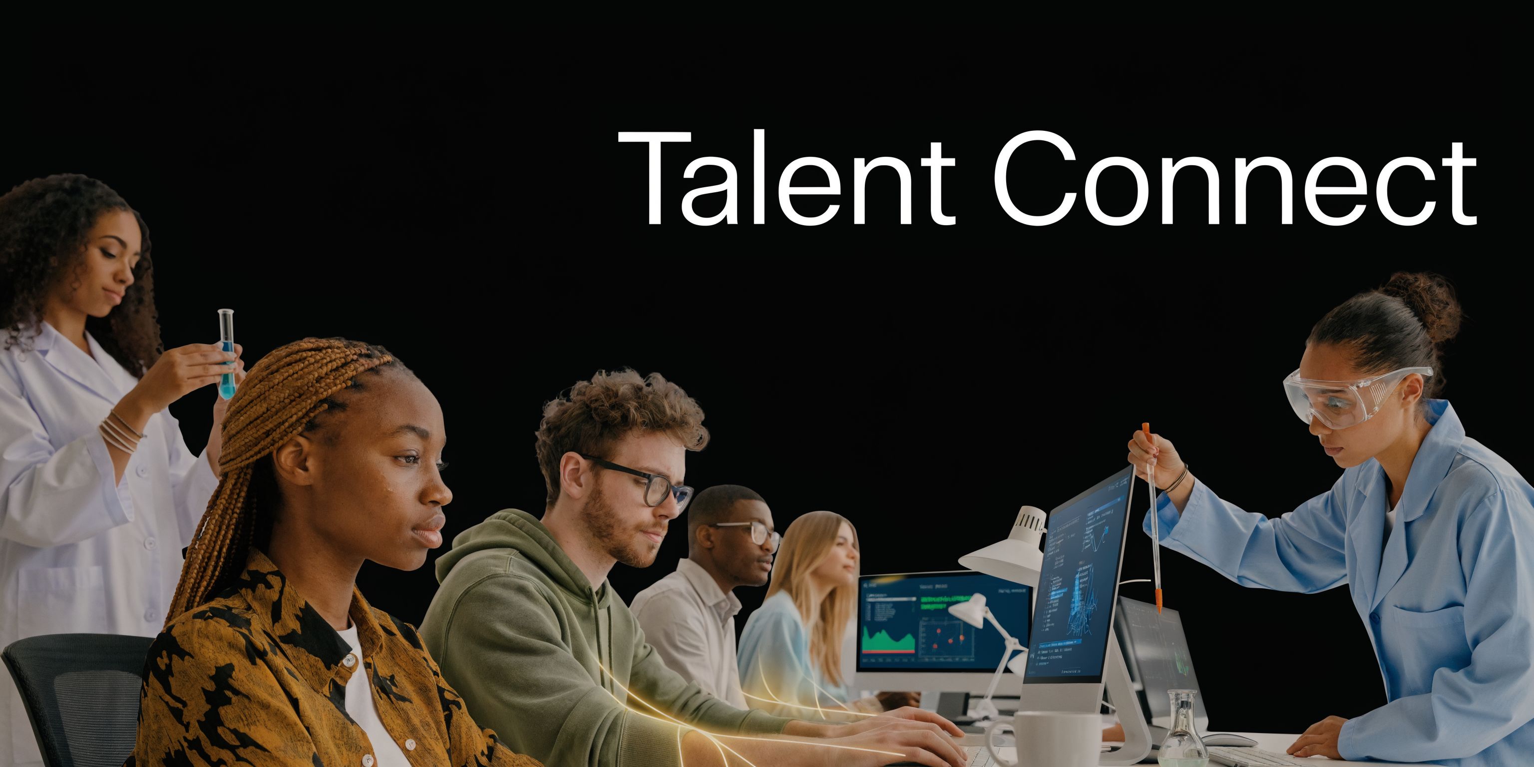 A diverse group of professionals and students collaborating on data analytics tasks in a modern workspace setting.