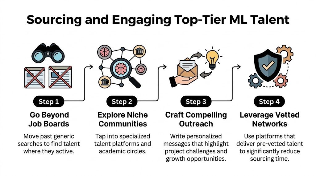 A four-step guide infographic titled Sourcing and Engaging Top-Tier ML Talent illustrating the hiring process.