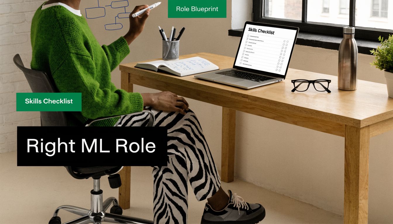 A professional analyzing a machine learning skills checklist on a laptop while seated at a wooden desk.