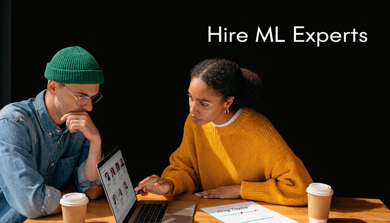 A man and woman collaborating on a laptop to hire machine learning experts in a modern office.