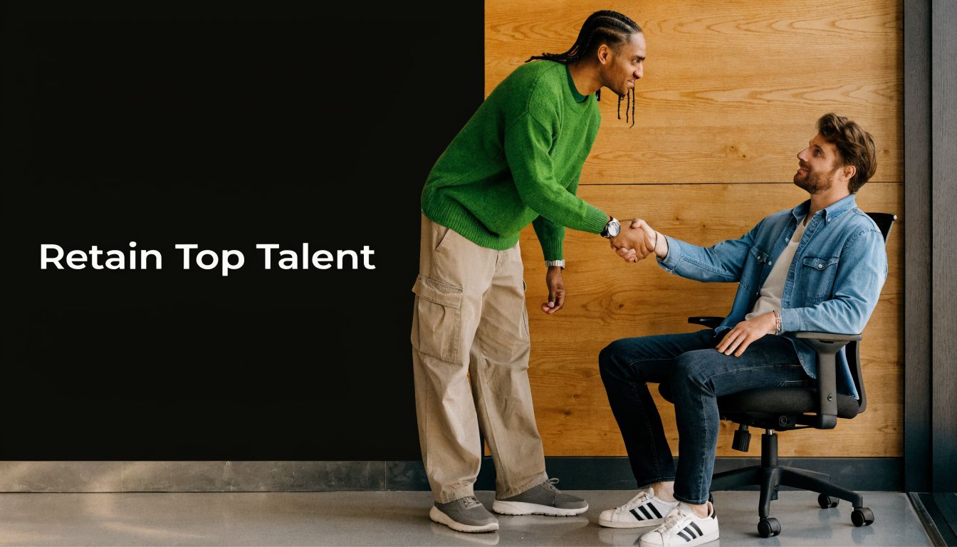 A professional man in a green sweater shakes hands with a seated colleague in a business office.