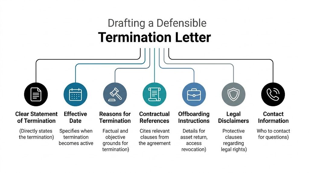 An infographic showing seven key elements for drafting a professional and defensible contractor termination letter.