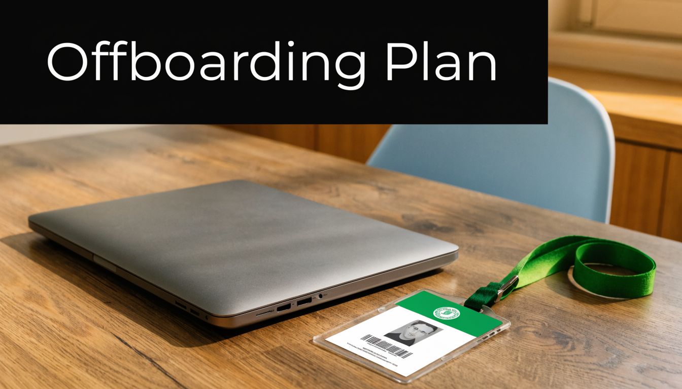 A silver laptop and an ID badge on a wooden desk represent a corporate offboarding plan process.