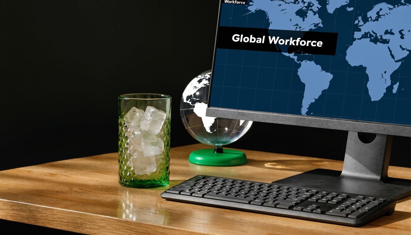 A computer monitor displaying a global workforce map on a wooden desk with a glass of ice.