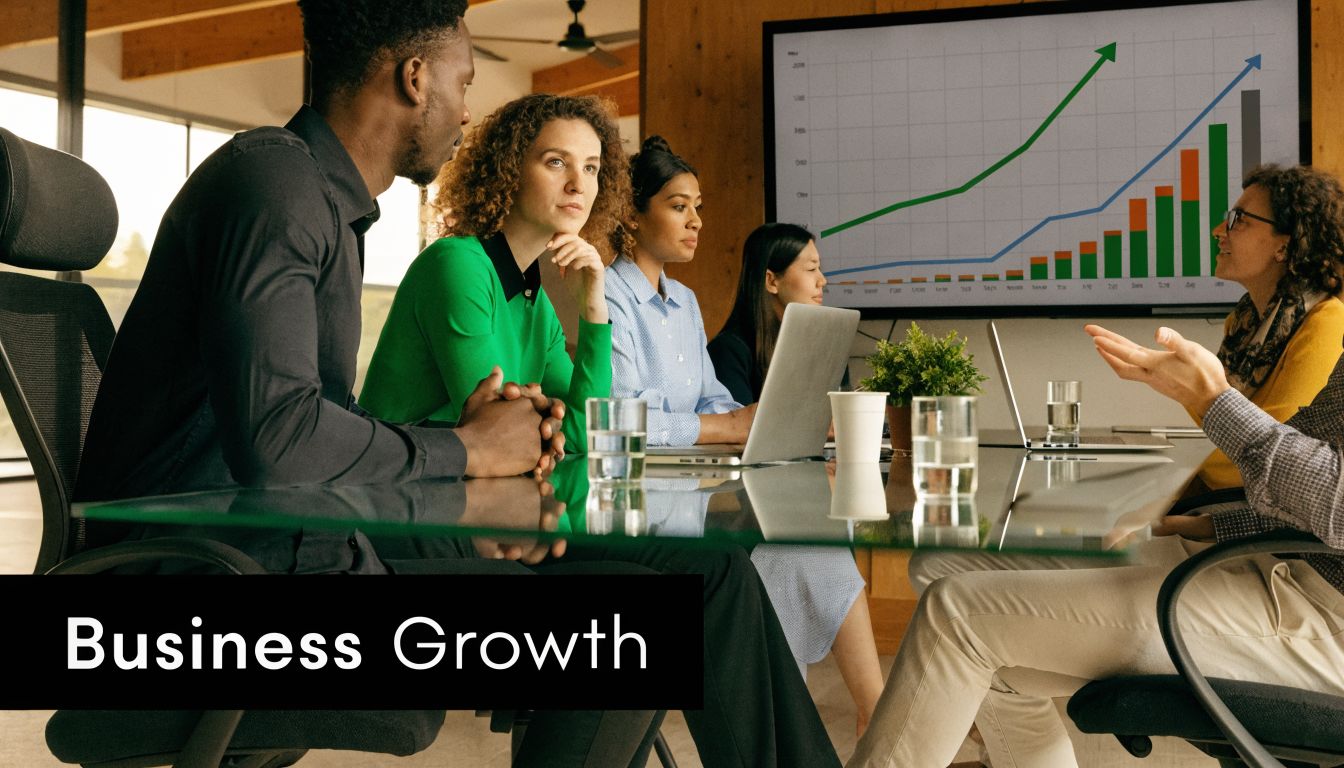 A diverse team of professionals holds a meeting in a modern office, reviewing business growth trends on screens.