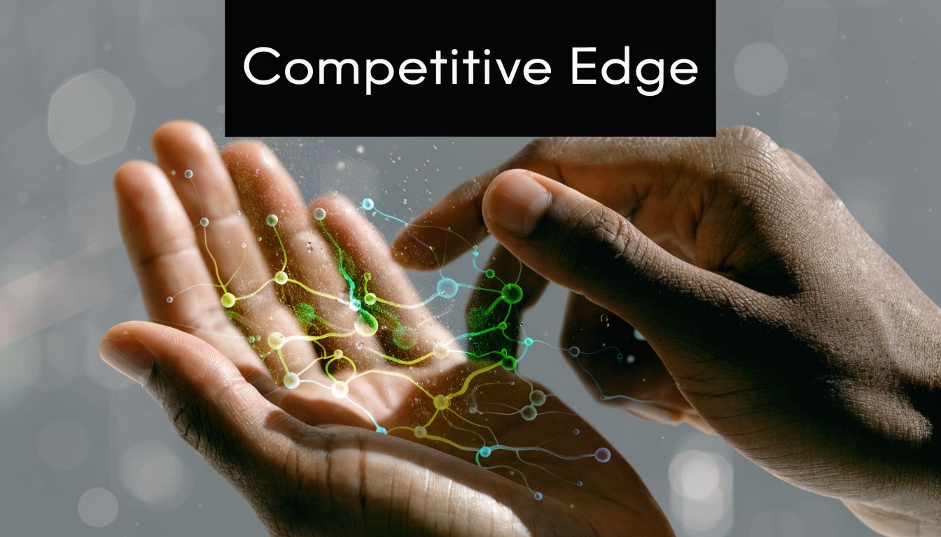 A close-up view of hands manipulating a glowing digital network of interconnected nodes and lines.