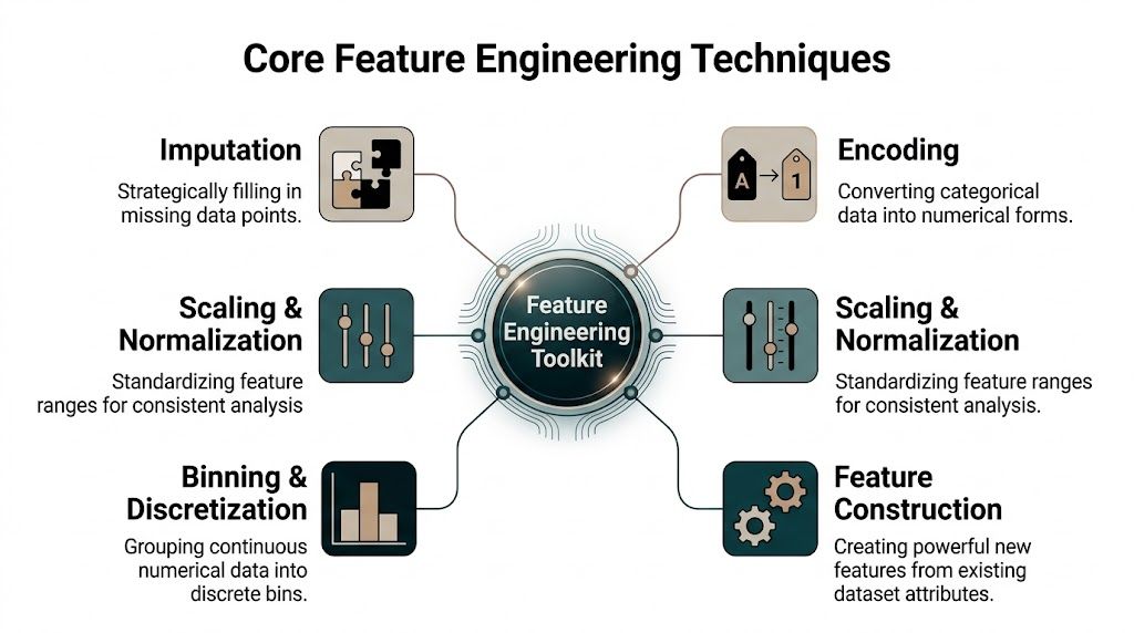 A diagram illustrating six core feature engineering techniques including imputation, encoding, scaling, normalization, binning, and construction.