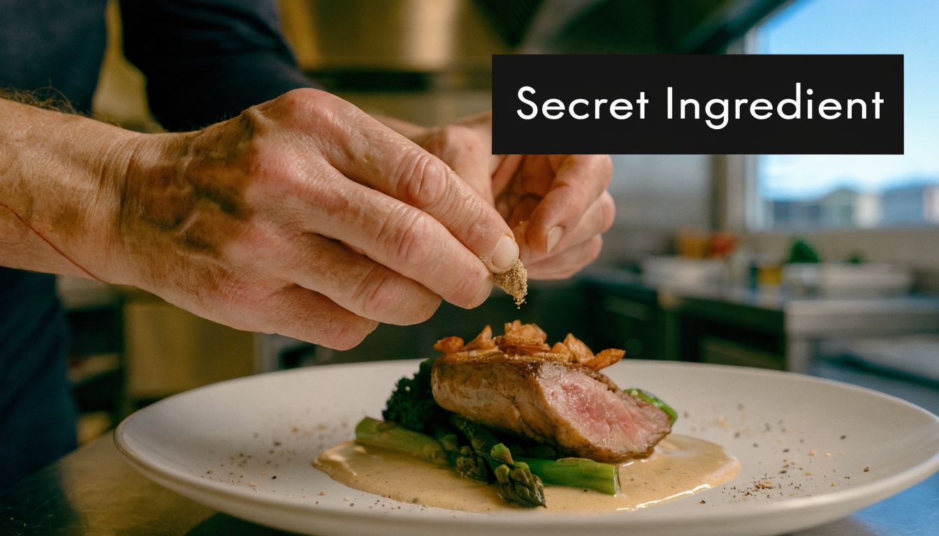 A professional chef in a kitchen carefully sprinkling a secret seasoning onto a prepared gourmet steak dish.