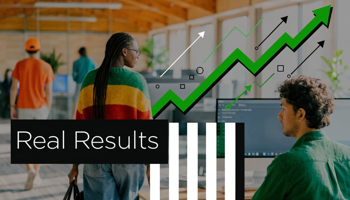 A professional office scene with people working, overlaid with an upward trending green growth graph graphic.