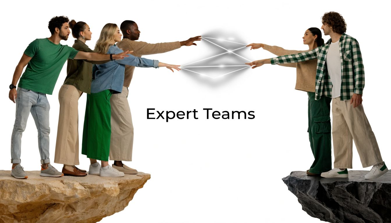 A diverse group of professionals connecting across a digital divide representing expert teams and collaborative partnerships.