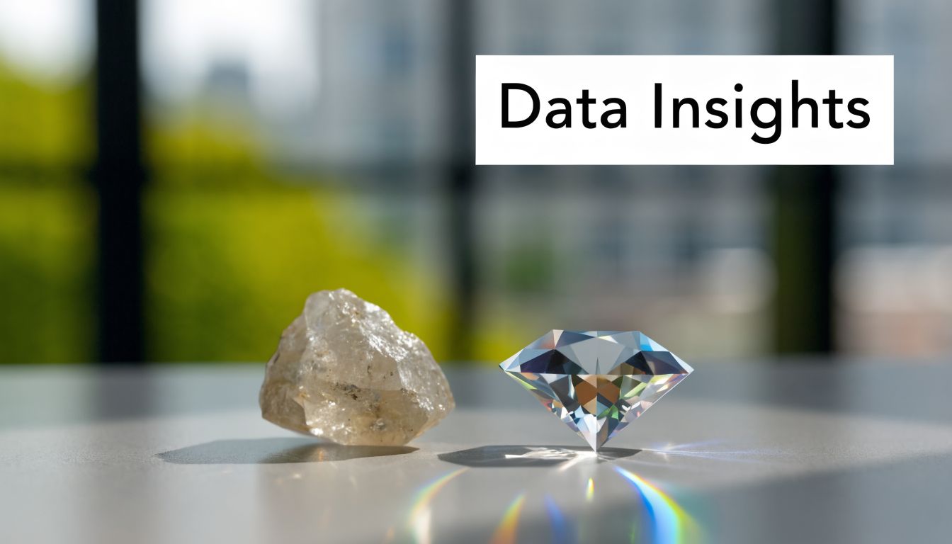 A rough uncut stone alongside a perfectly cut, sparkling diamond on a desk with Data Insights text.