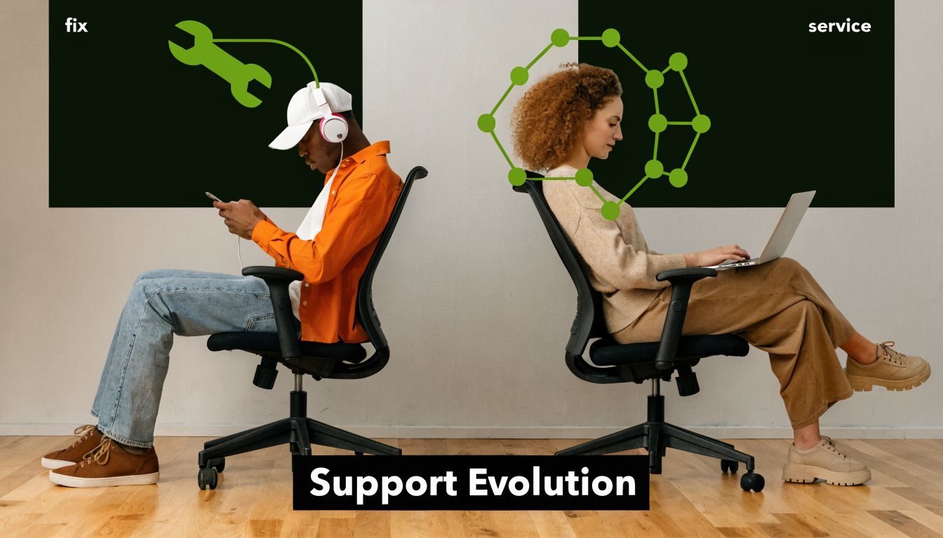 A split image contrasting traditional help desk troubleshooting with modern proactive digital customer service evolution.