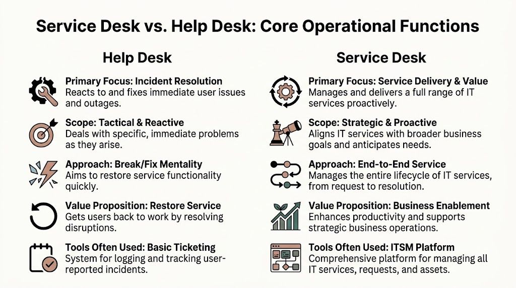 A comparison chart highlighting the core operational functions and differences between a help desk and service desk.