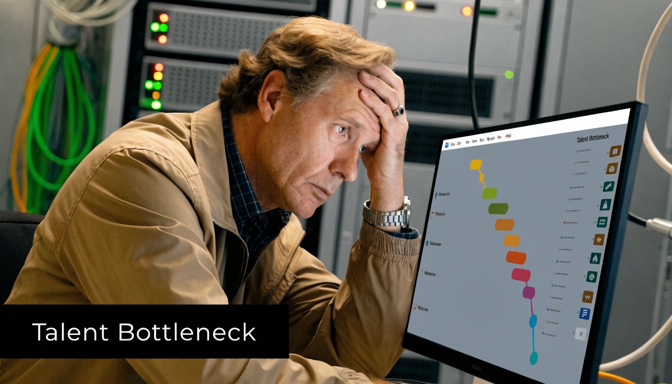 A concerned professional looks at a computer screen displaying an interactive diagram of talent pipeline bottlenecks.