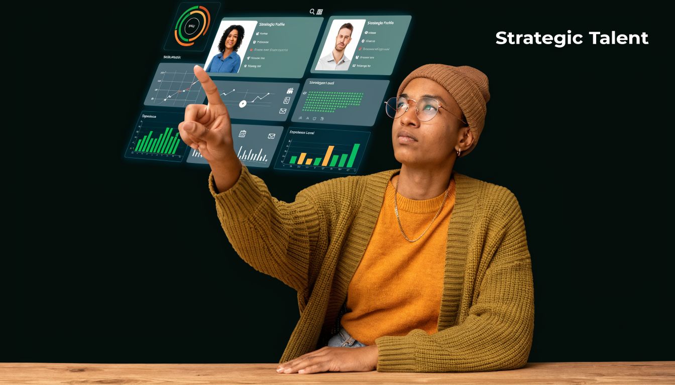 A person wearing a beanie and glasses interacts with a holographic interface displaying data charts and profiles.
