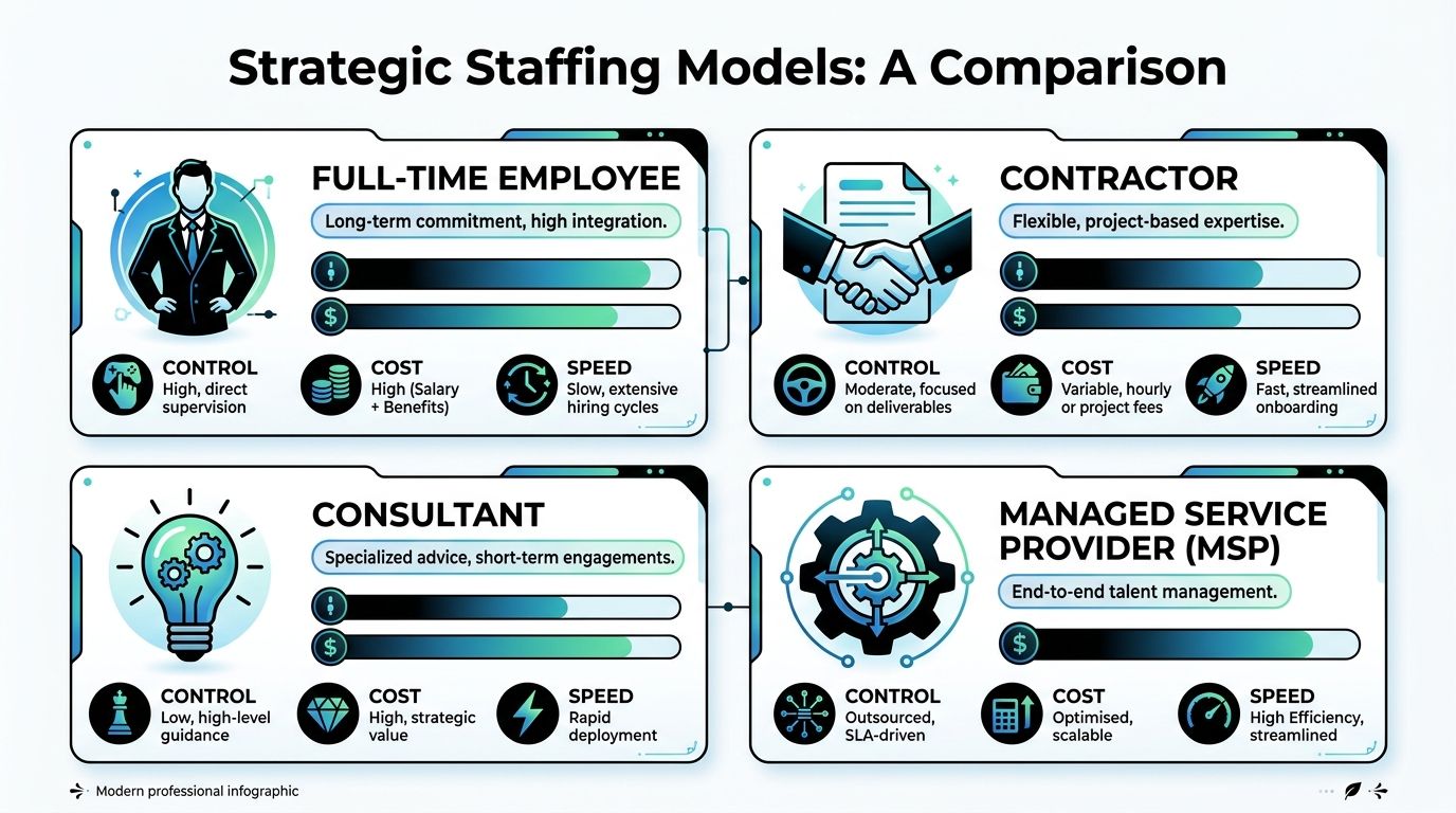 An infographic comparing four strategic staffing models: Full-time employee, contractor, consultant, and managed service provider.