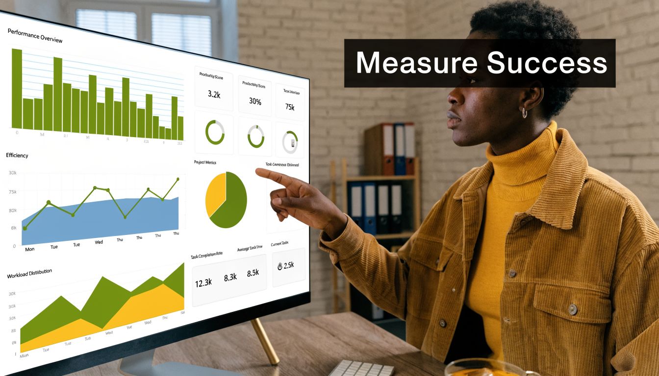 A professional woman in a yellow sweater pointing at a digital dashboard on her computer screen.