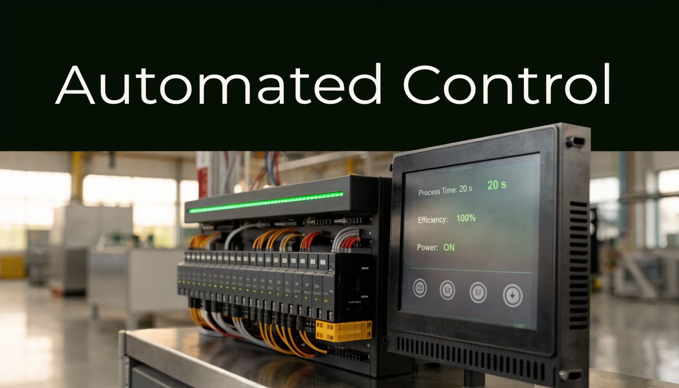 Industrial control panel with digital display showing process time and efficiency in a manufacturing facility
