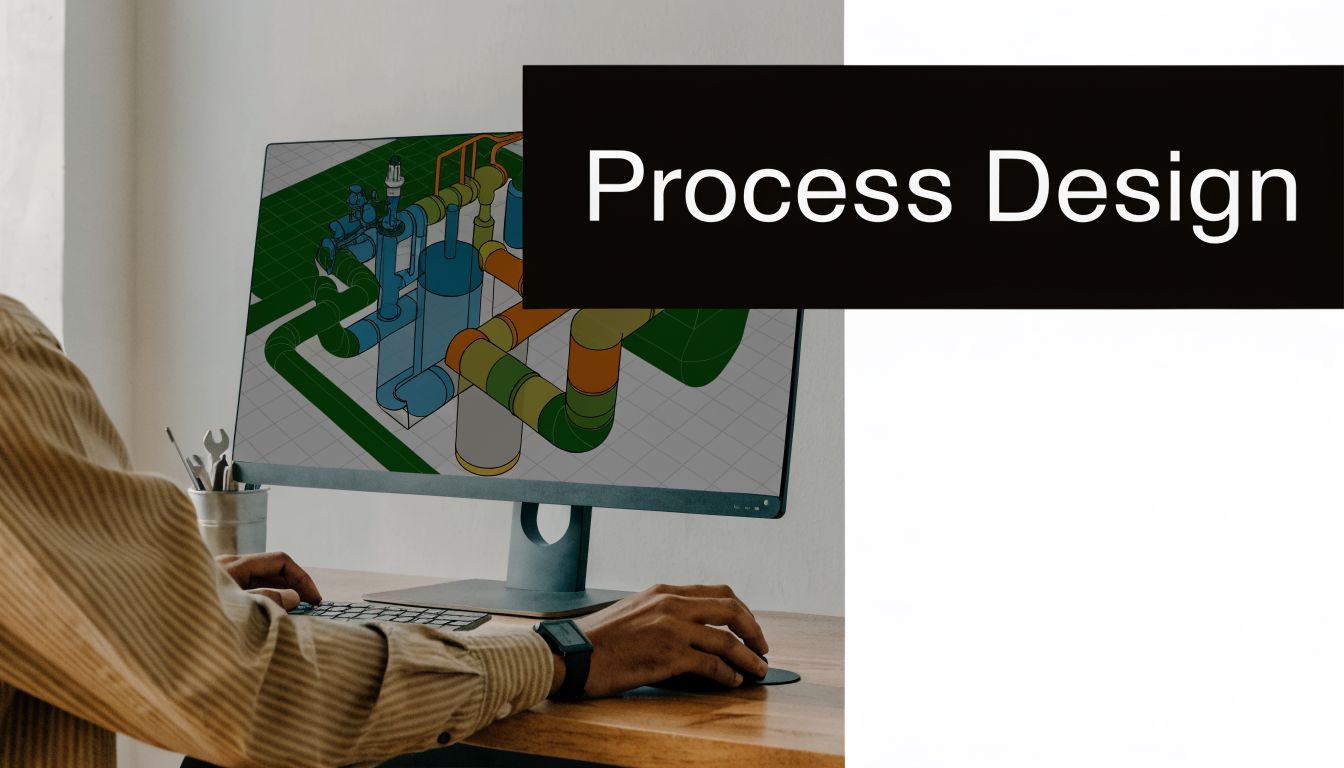 A process engineer working on a computer display featuring a detailed 3D industrial plant pipeline design.