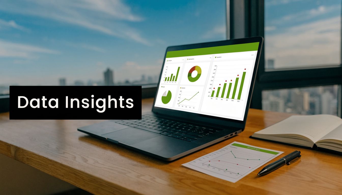 A modern laptop displaying various data charts on a wooden desk with a notebook and pen.