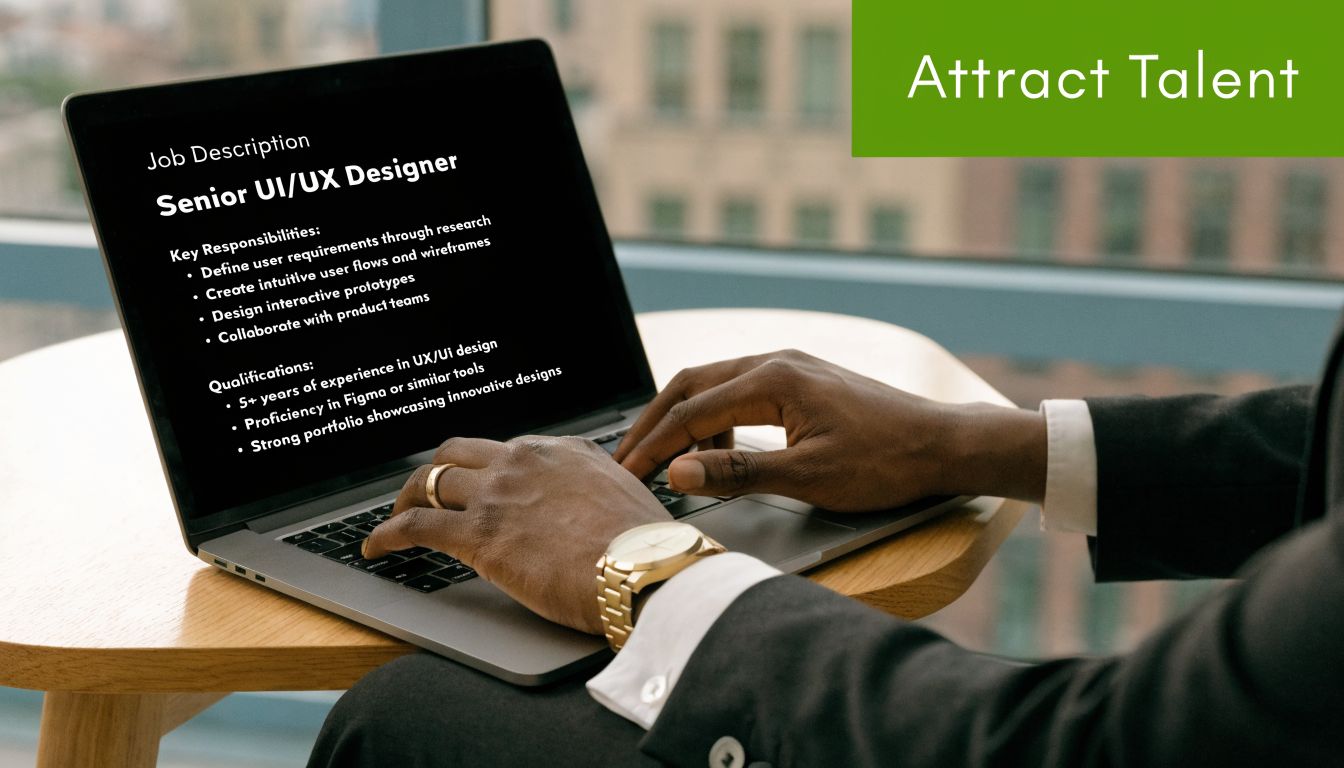 A professional person in a business suit using a laptop to review a senior designer job description.