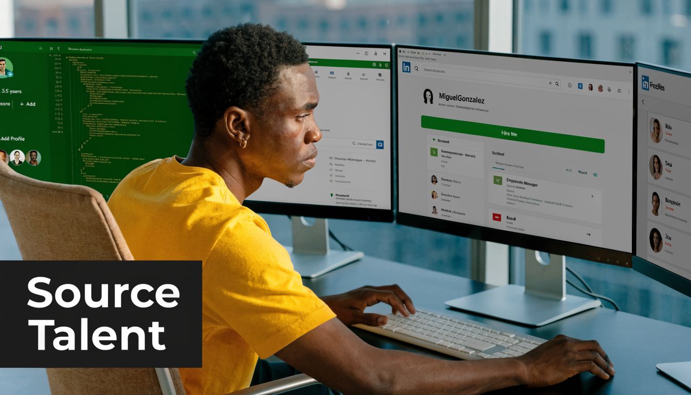 A focused professional working on multiple monitors with software engineering code and professional profile pages displayed.