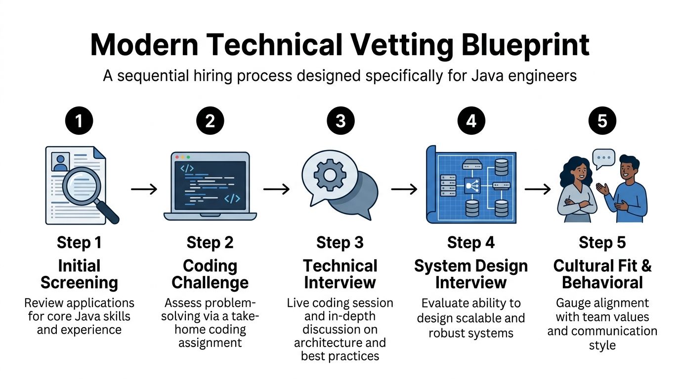 A five-step flowchart illustrating a structured technical vetting process specifically designed for hiring professional Java engineers.